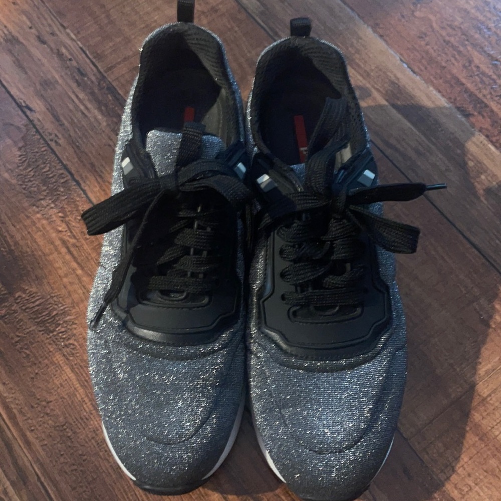 Women’s Designer Prada Silver Glitter Accent Sneakers